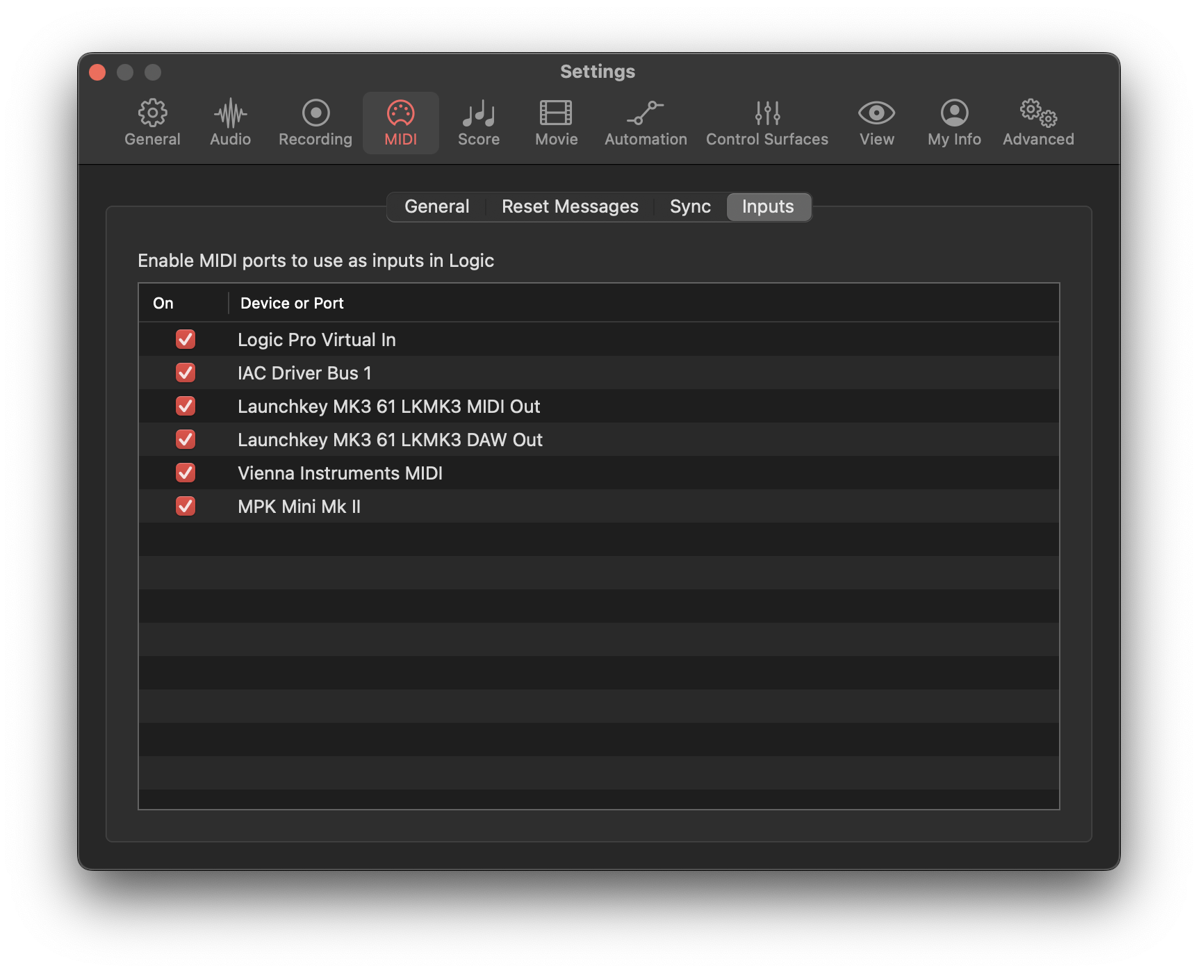Settings > MIDI > Inputs