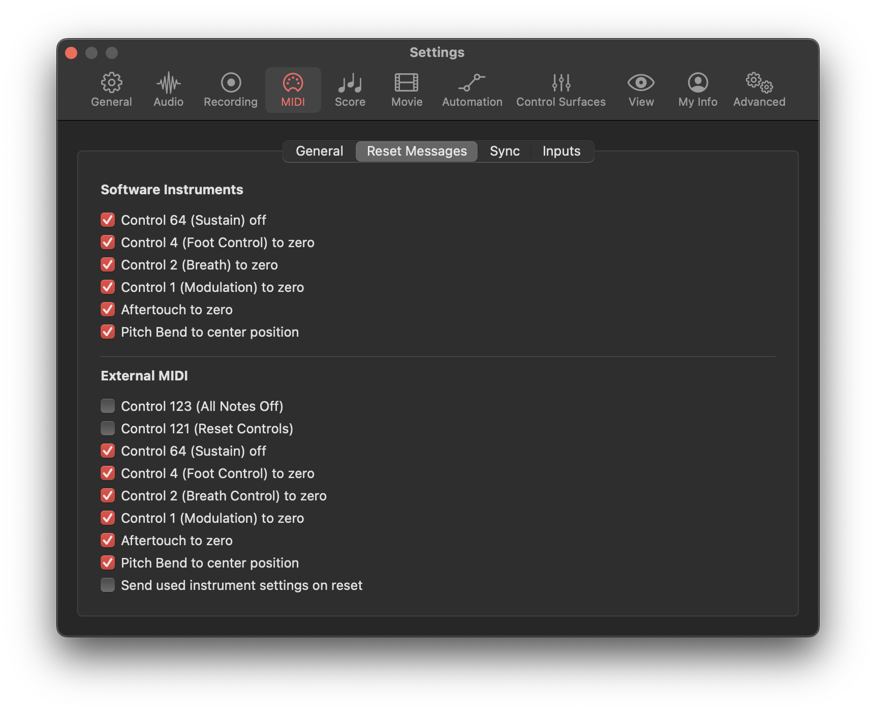 Settings > MIDI > Reset Messages