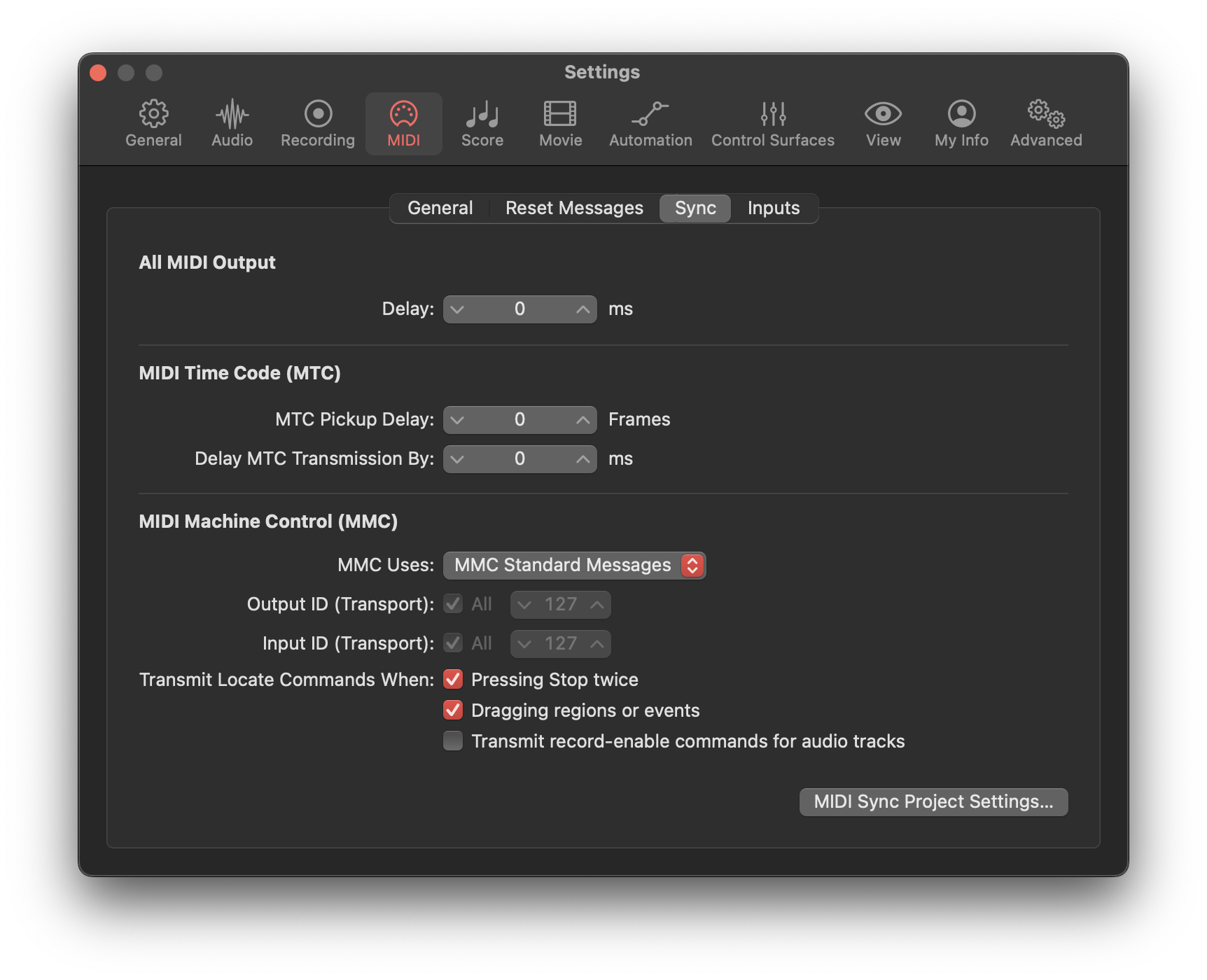 Settings > MIDI > Sync