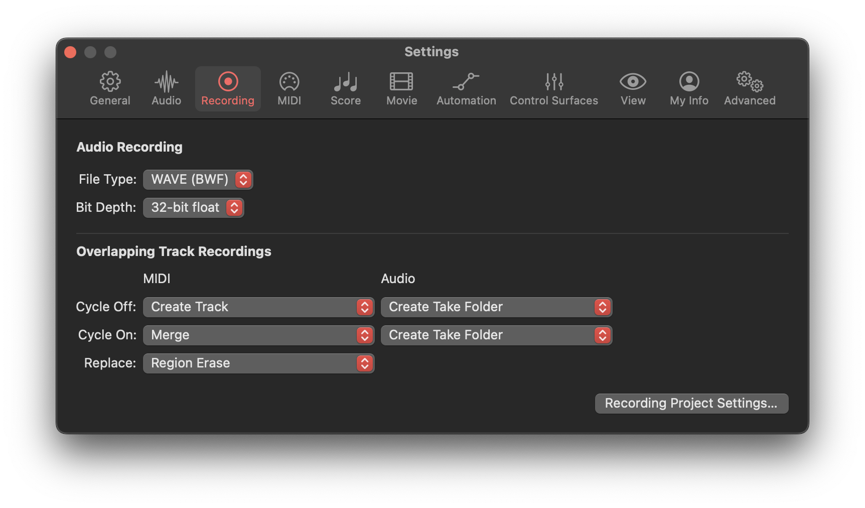 Settings > Recording